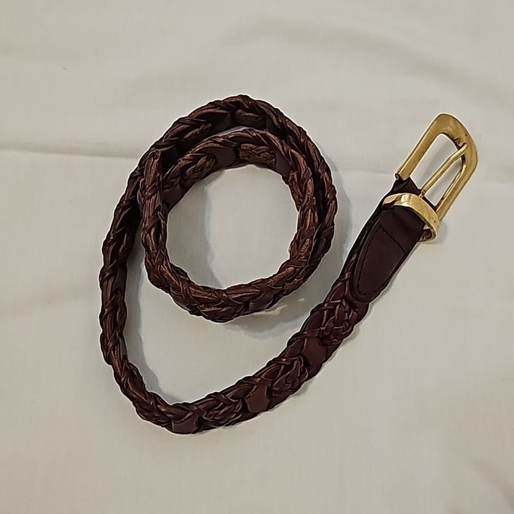 Amiee Lynn Braided Woven Brown Leather Belt Solid Brass Buckle Approximately 35"